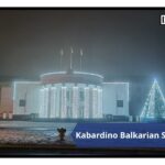 Night view in the front of Kabardino Balkarian State University, Russia